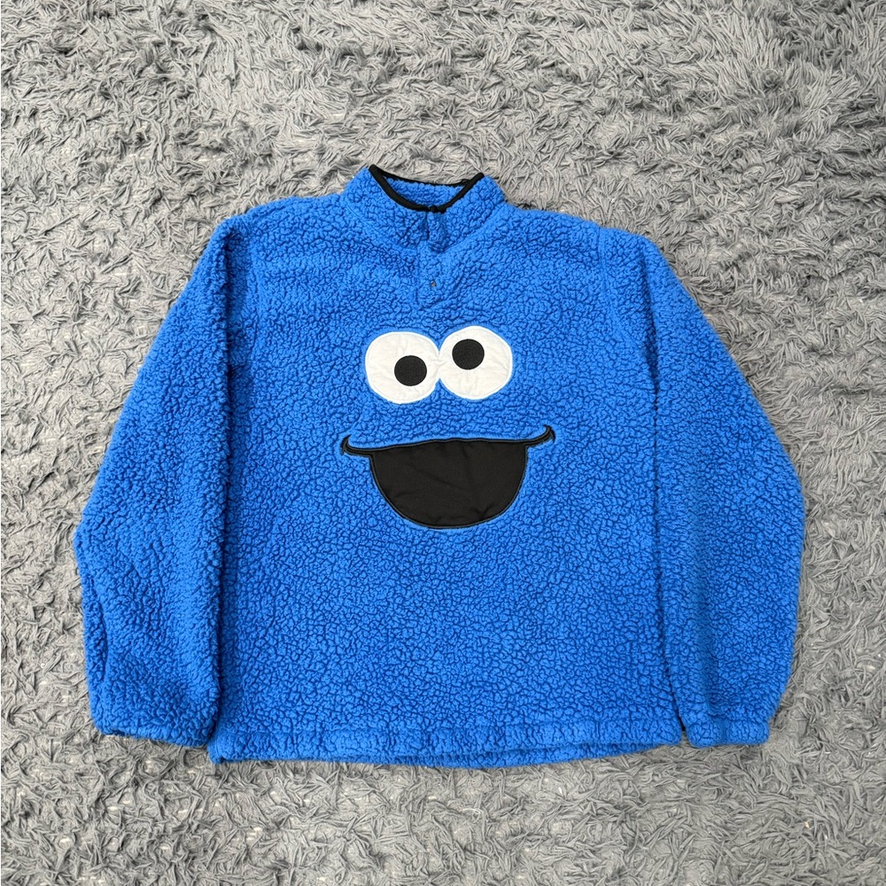 Sesame Street Unisex Size L Sherpa Cookie Monster Snap Buttons Pullover Blue
